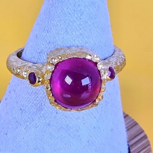 925 Sterling Silver 14K Gold Plated Avant-Garde Ring with Natural Ruby Gemstone - Picture 10 of 14